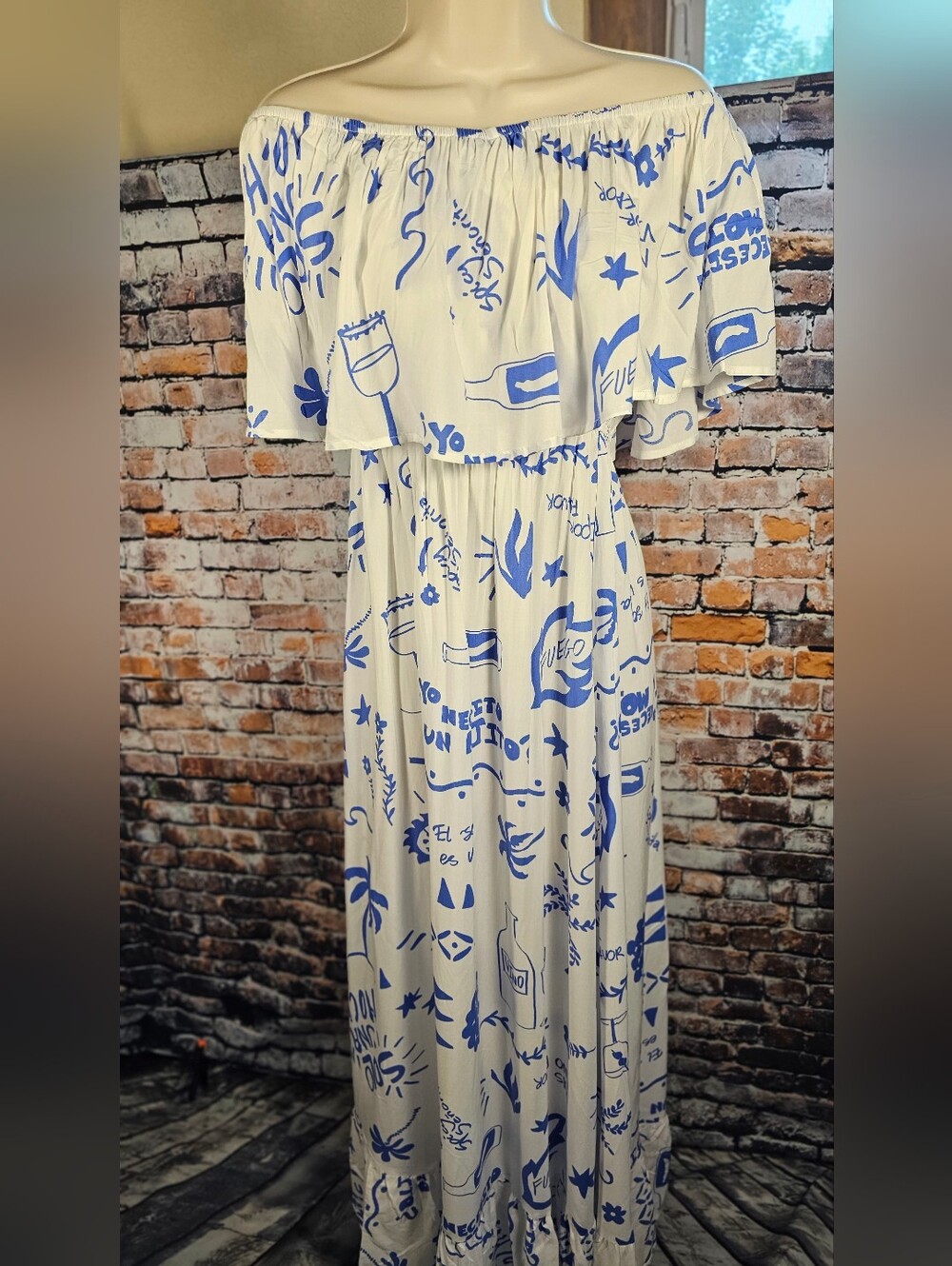Label of Love Blue White Mediterranean Print Off Shoulder Maxi Dress NWT Medium